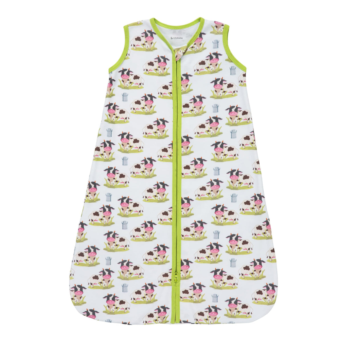 LollyBanks cow-print sleep sack front view, cozy cotton feel