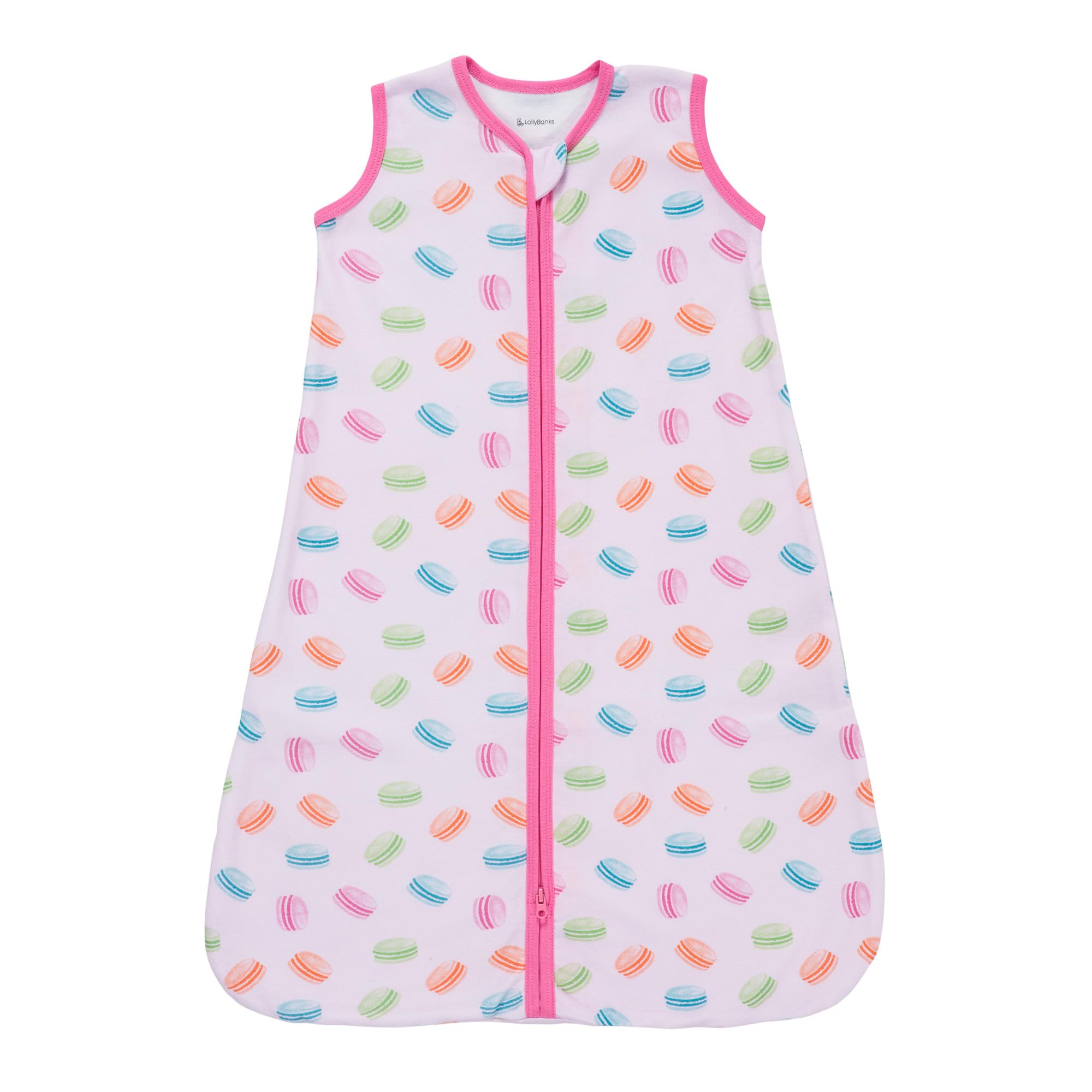 LollyBanks Sleep Sack macarons print, front view, cozy cotton for baby comfort.
