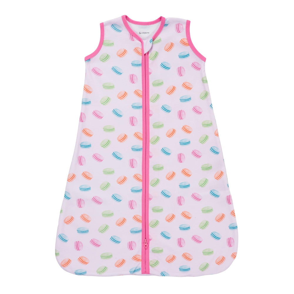 LollyBanks Sleep Sack macarons print, front view, cozy cotton for baby comfort.