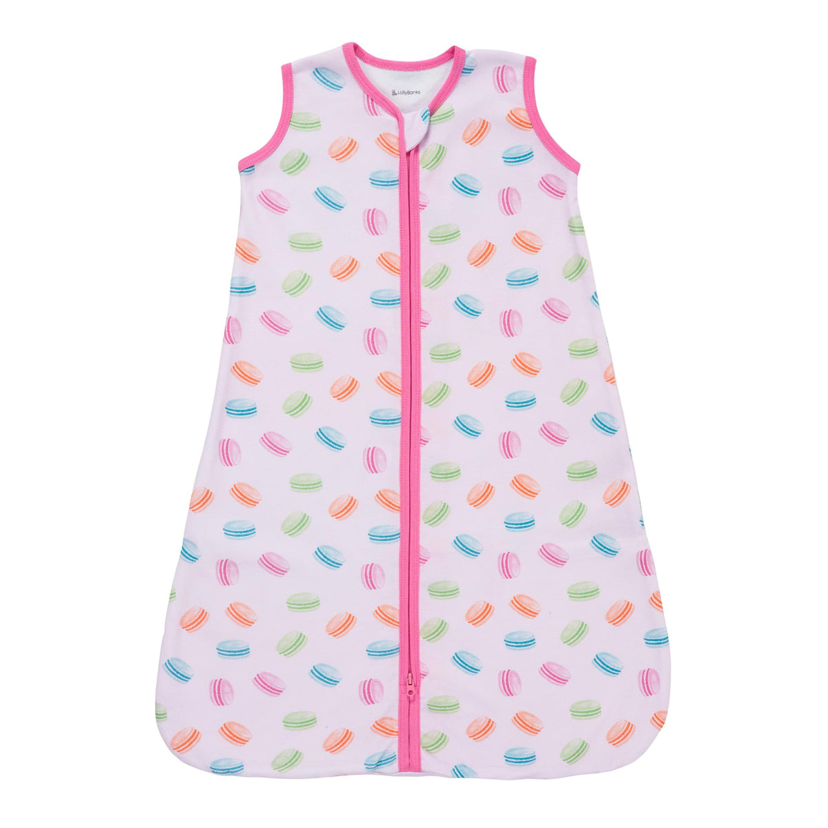 LollyBanks Sleep Sack macarons print, front view, cozy cotton for baby comfort.