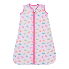 LollyBanks Sleep Sack macarons print, front view, cozy cotton for baby comfort.