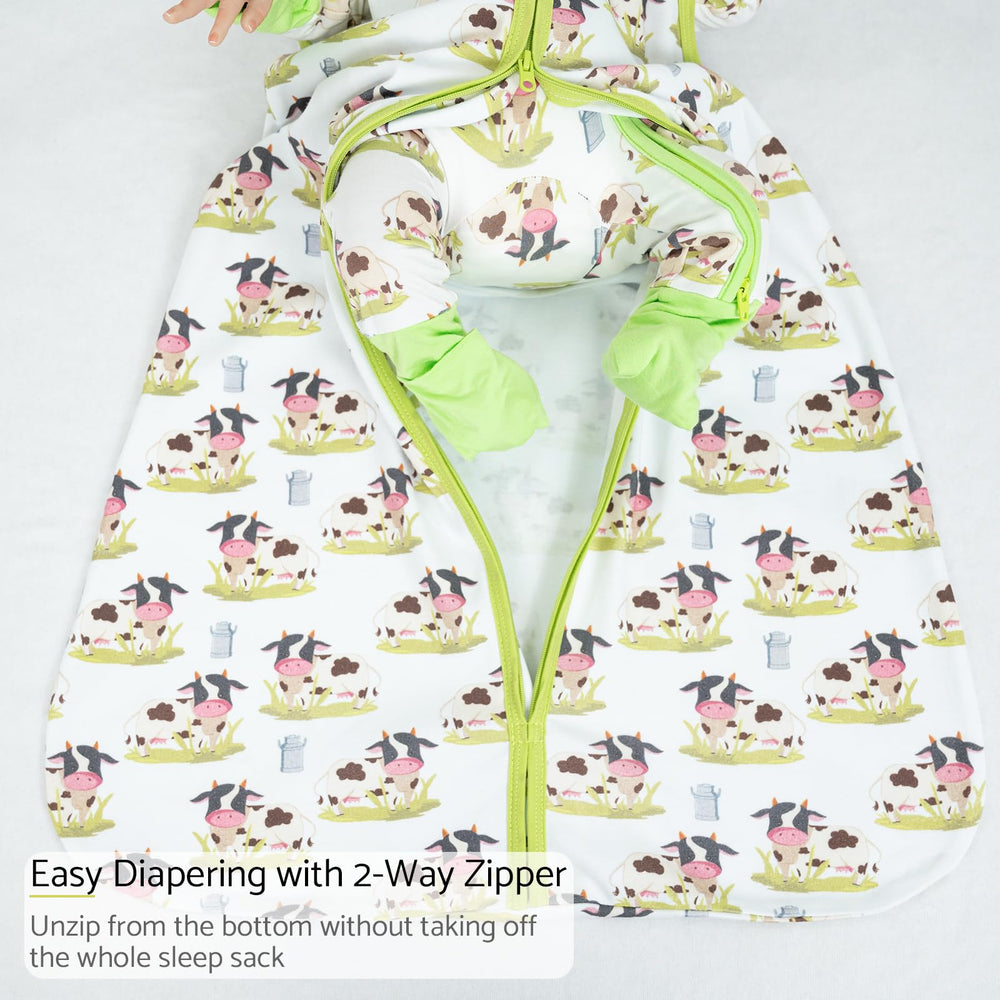 LollyBanks cow print sleep sack with roomy bottom for leg movement