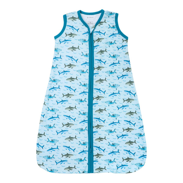 LollyBanks Sleep Sack shark print for cozy, breathable bedtime comfort.