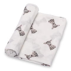 LollyBanks soft cotton swaddle blanket in animal print for newborn comfort.