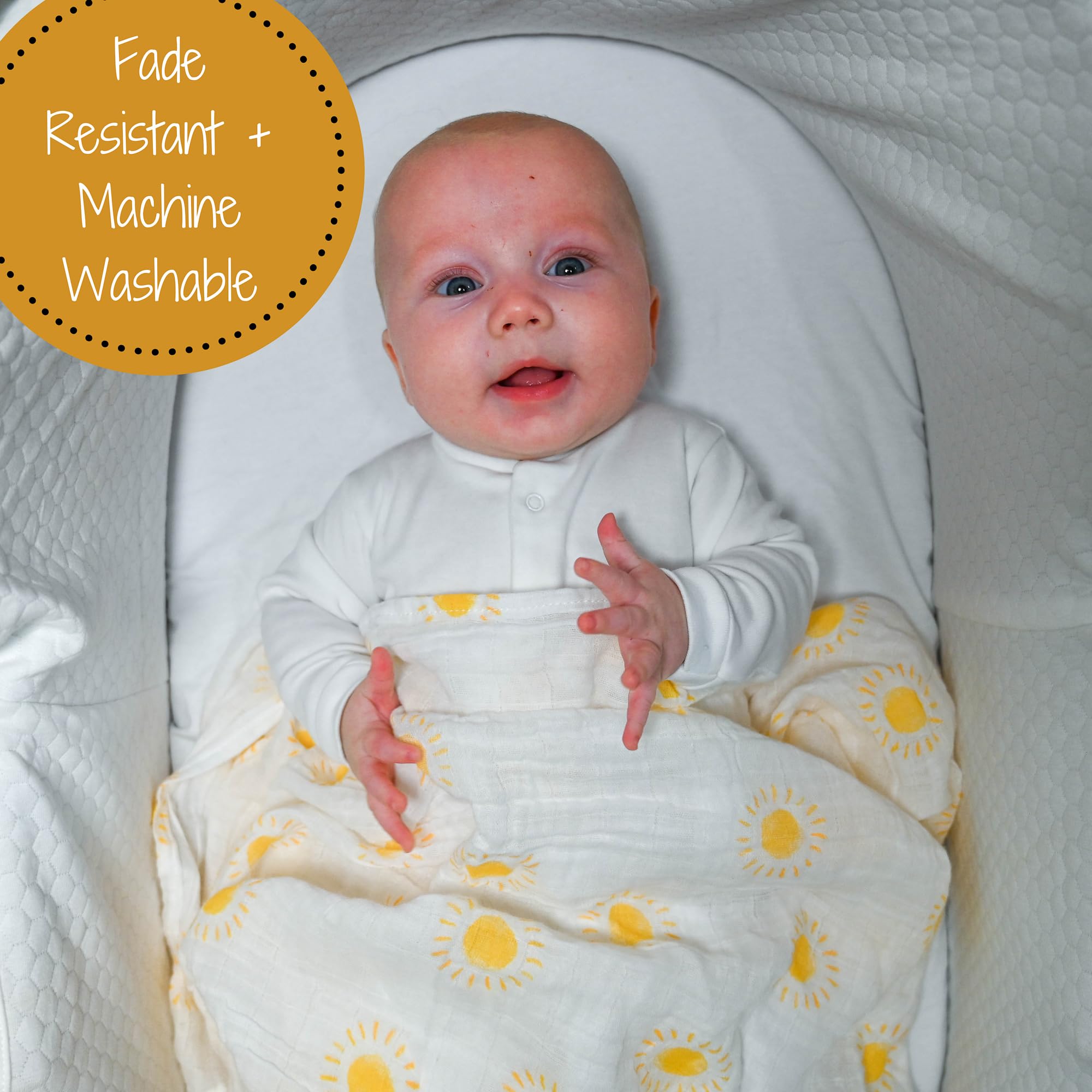 LollyBanks soft-muslin swaddle in sunshine design ideal for gentle newborn swaddling