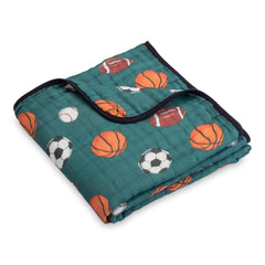 LollyBanks sports adventure blanket with balls print, ideal for nursery cuddles.