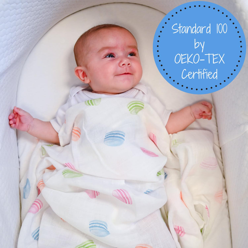 LollyBanks 47x47 inch swaddle detail with macarons print