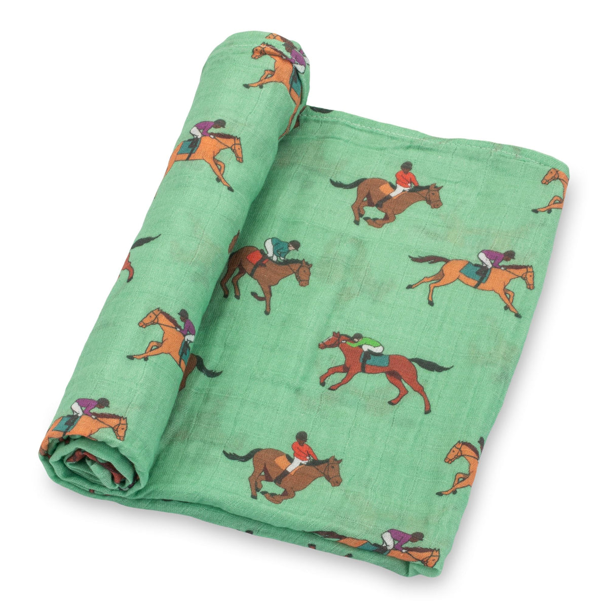 LollyBanks swaddle blanket with horse racing print for cozy newborn cuddles.