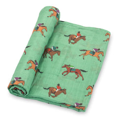 LollyBanks swaddle blanket with horse racing print for cozy newborn cuddles.