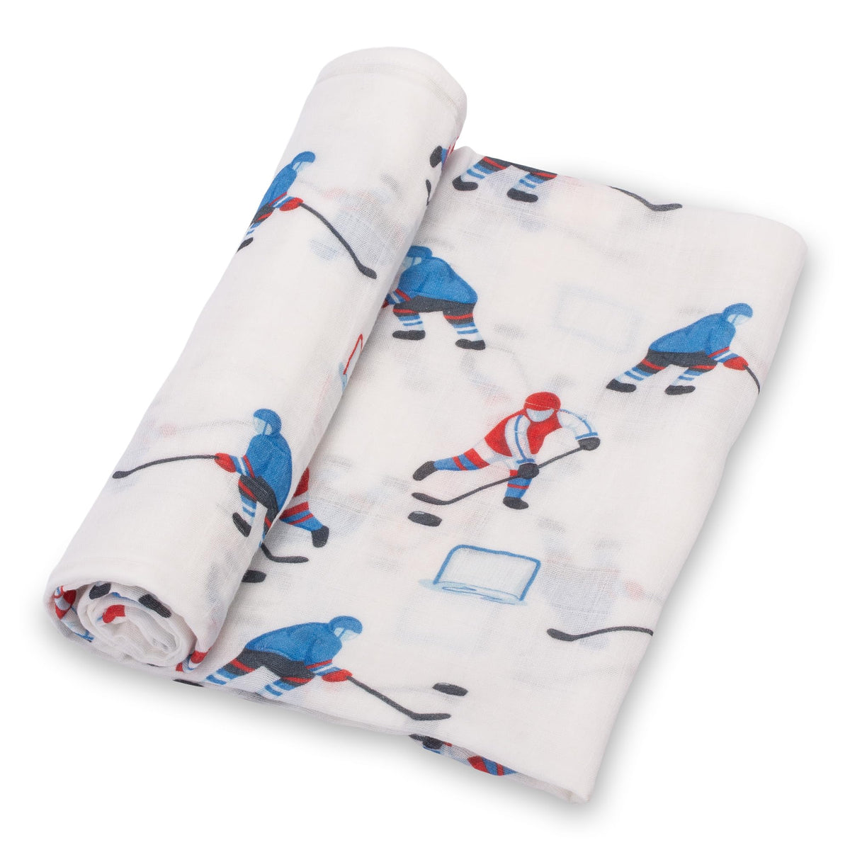 LollyBanks swaddle blanket in ice hockey print, cozy wrap for baby comfort