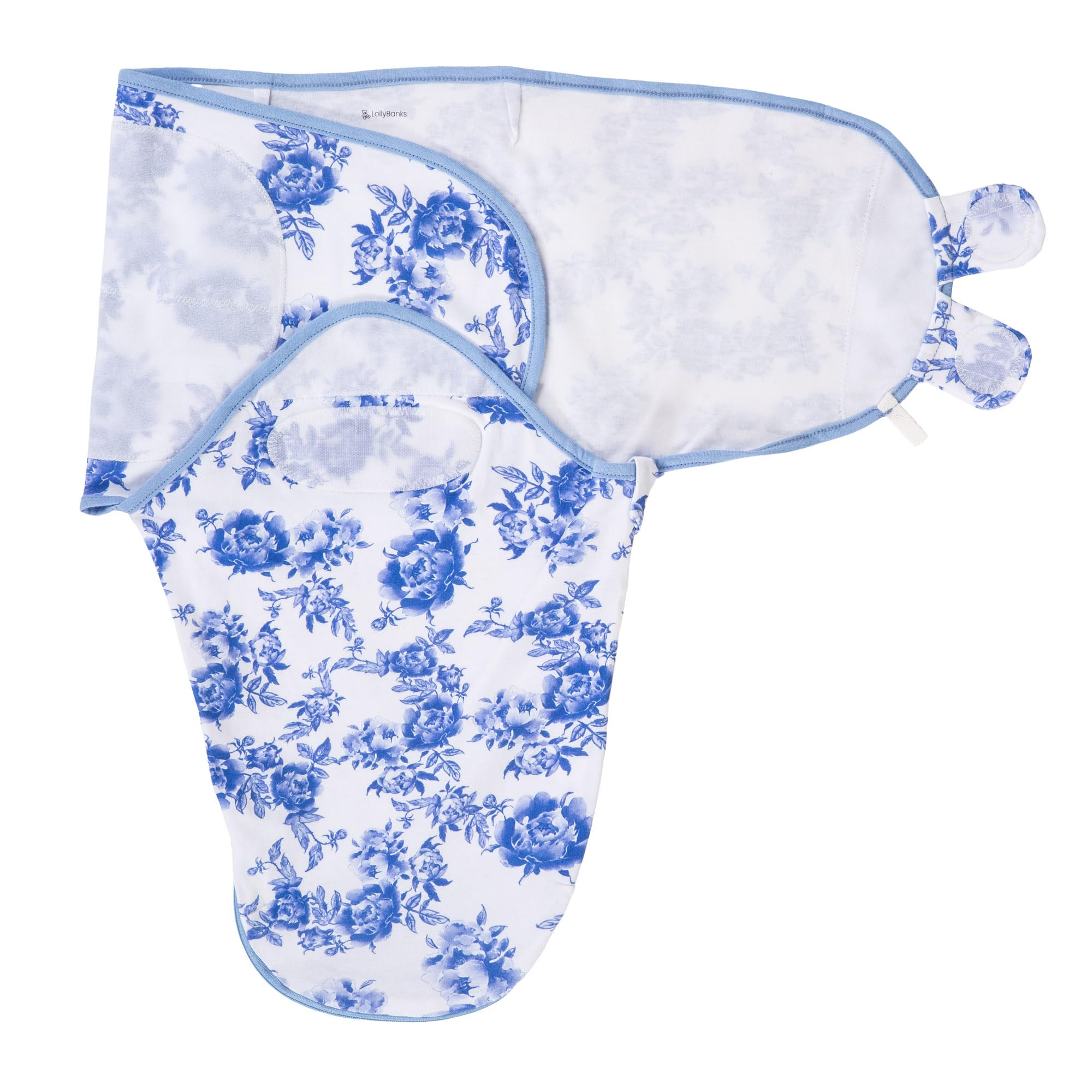 LollyBanks swaddle sack in blue peony print keeps baby cozy for restful sleep