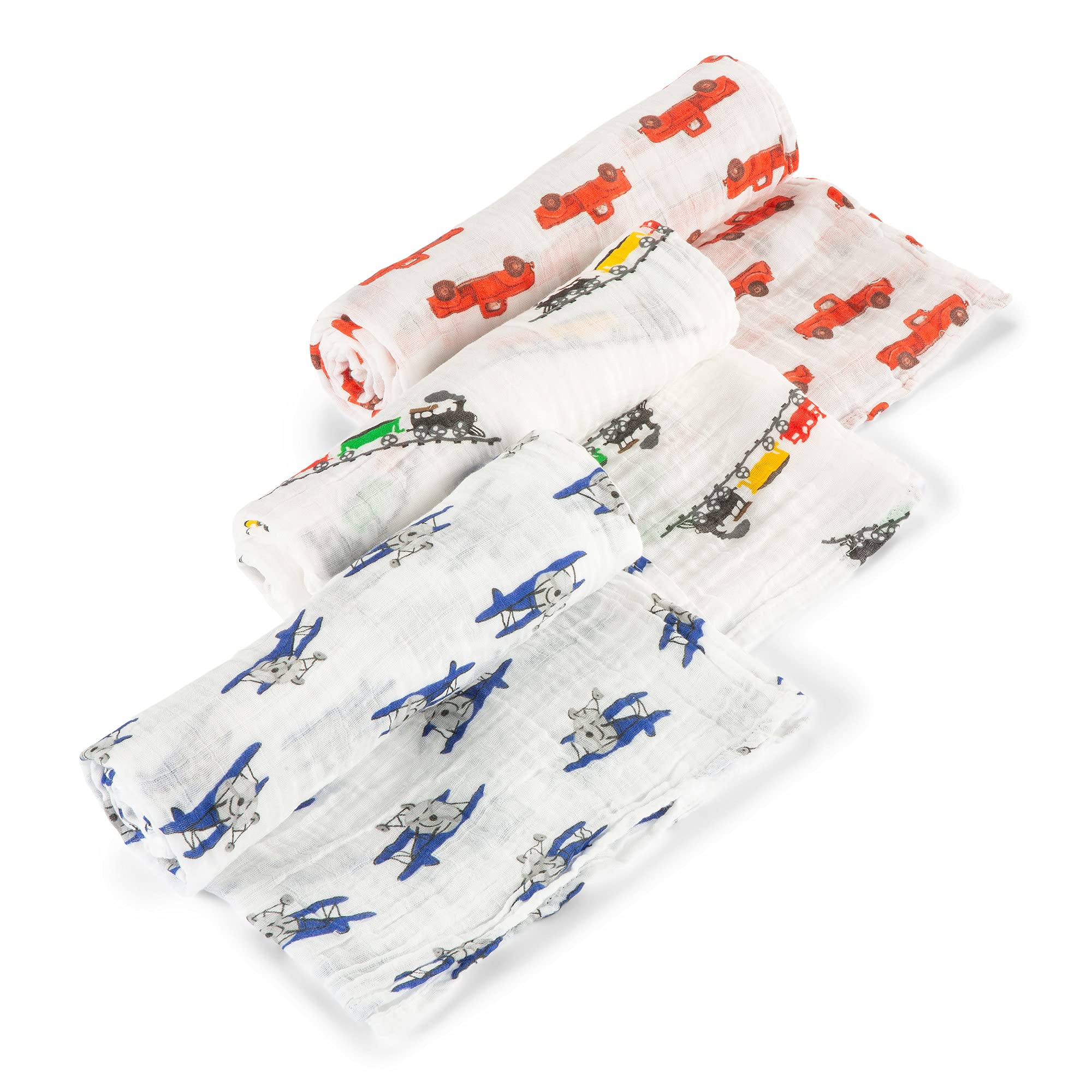 LollyBanks trucks swaddle pattern, soft muslin for cozy newborn snuggles.