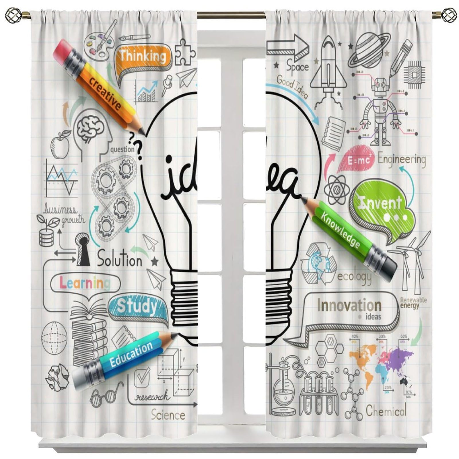 LOMADIA Learning-theme drapes add character to a bedroom.