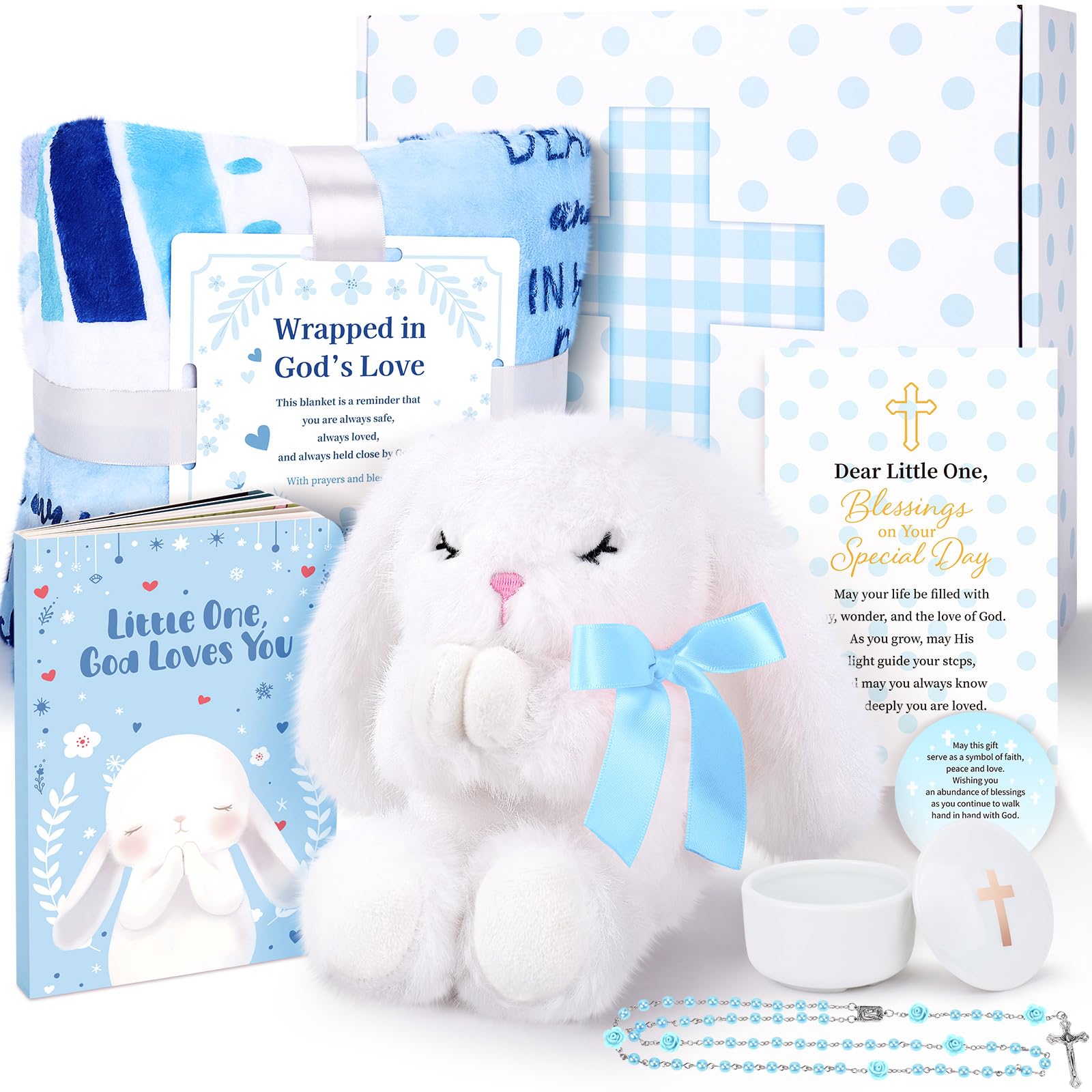 LOMEVE baptism gift basket for baby boy, a complete keepsake for his dedication day.