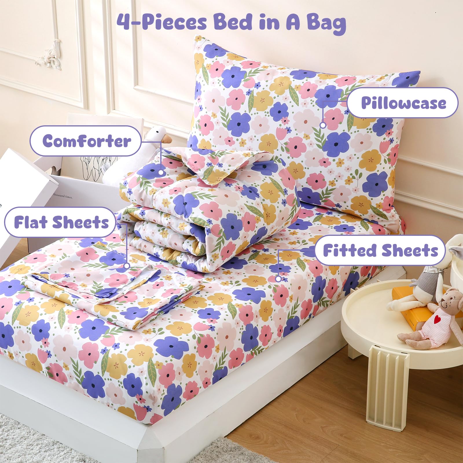 LONAVA floral print bedding brightens kid's bedroom during bedtime.