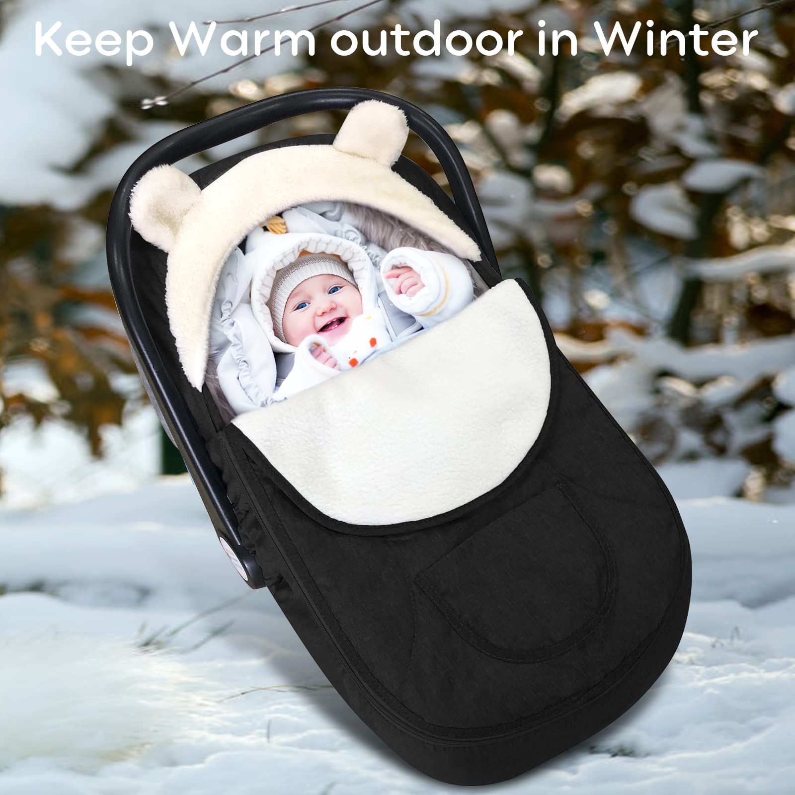 Longdafei plush ear-detail car seat cover adds a cute, cozy touch.