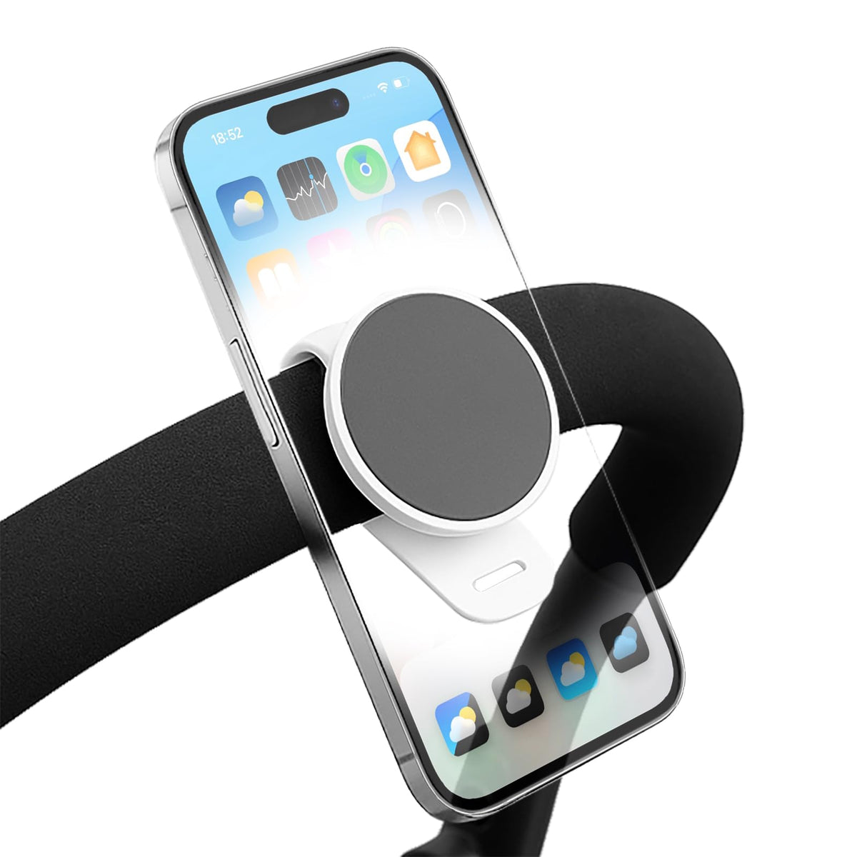 Longomat stroller phone holder mounted on handlebar for secure use.