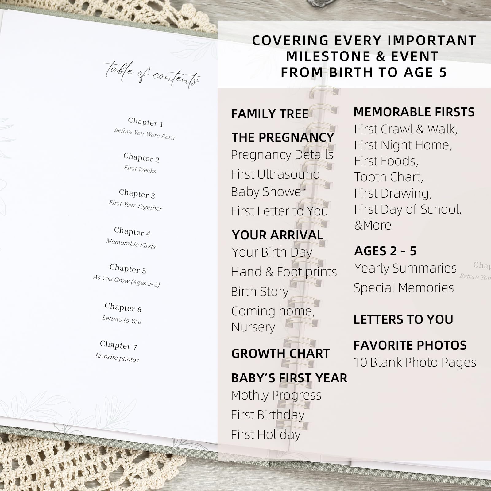 LONLAT Keepsake Memory Book back pocket stores keepsakes from birth to milestones.