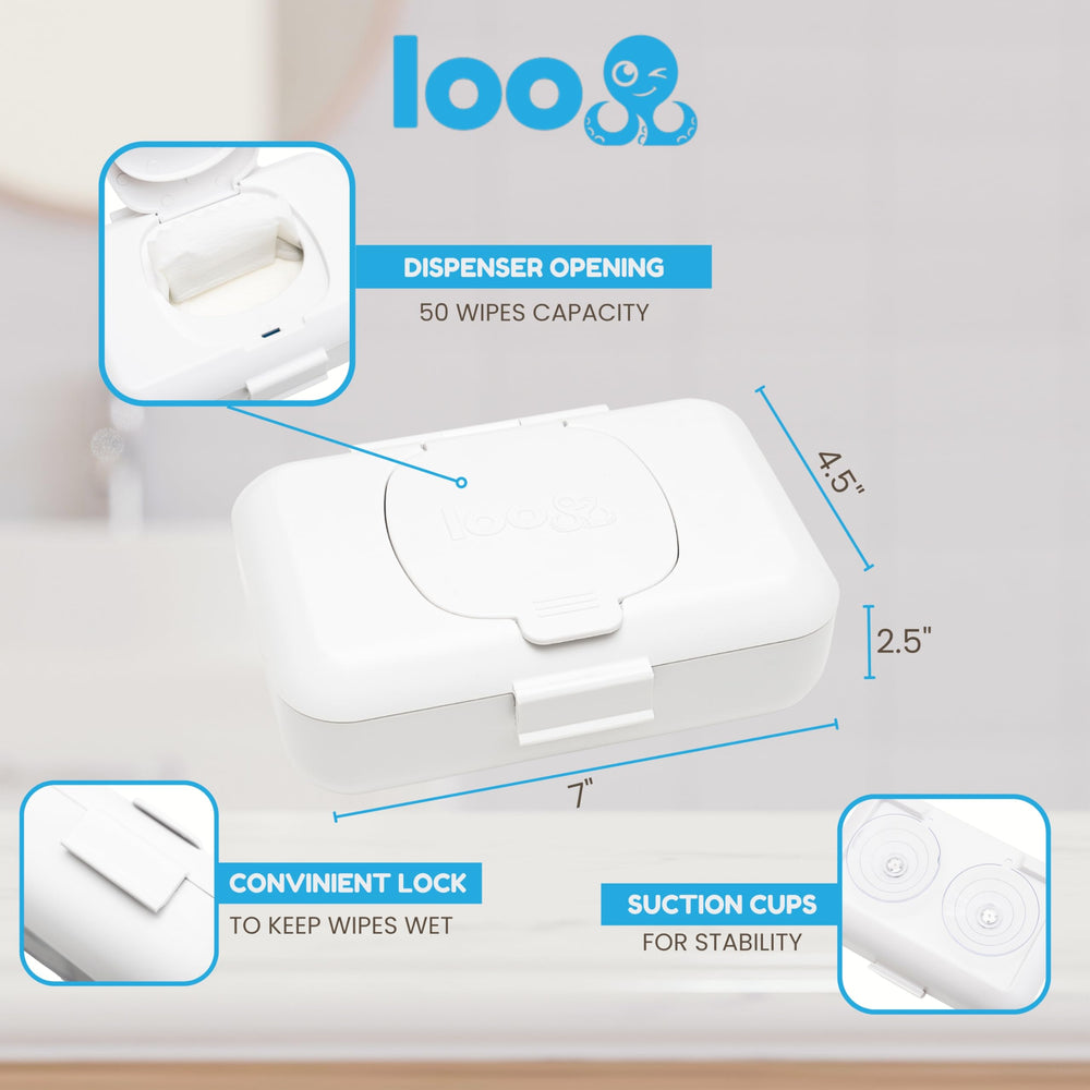 Loo discreet wipes dispenser lid closed, moisture lock preserves wipe freshness.