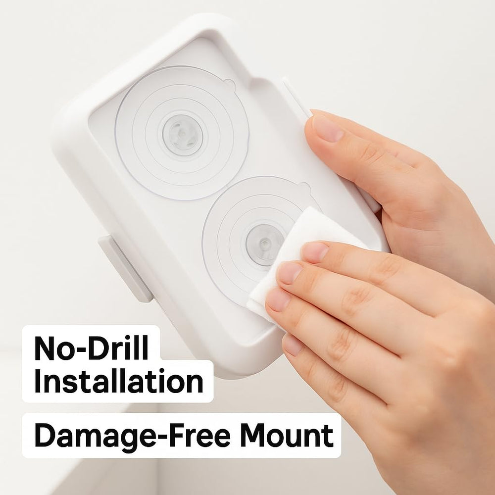 Loo discreet wipes dispenser mounted on tile, no-drill installation saves walls.