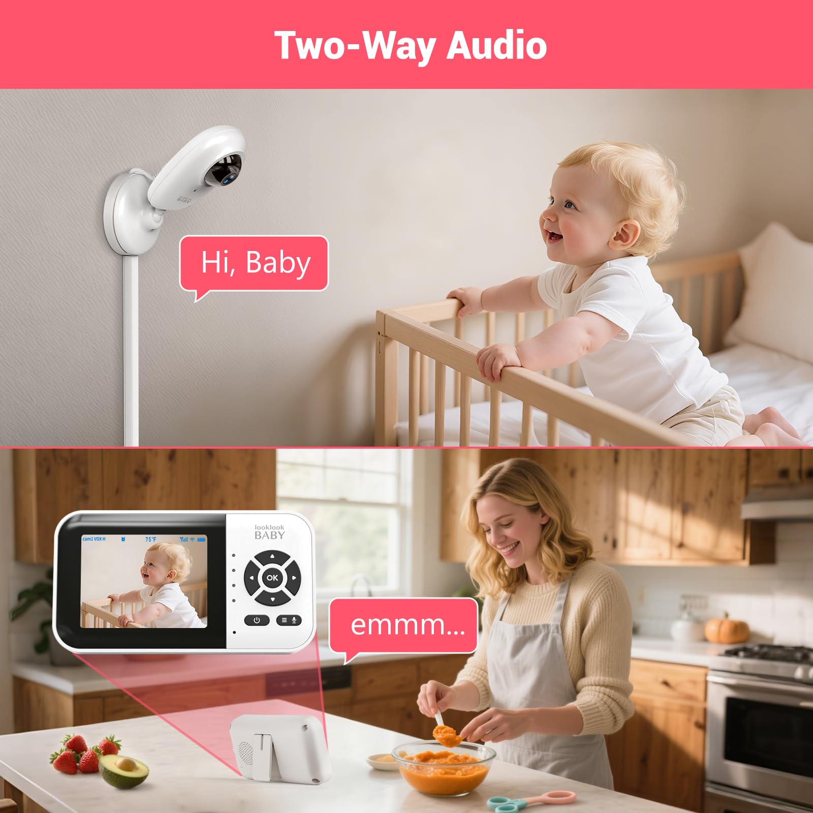 Look Look BABY dual viewing with LCD screen and app for flexible viewing.