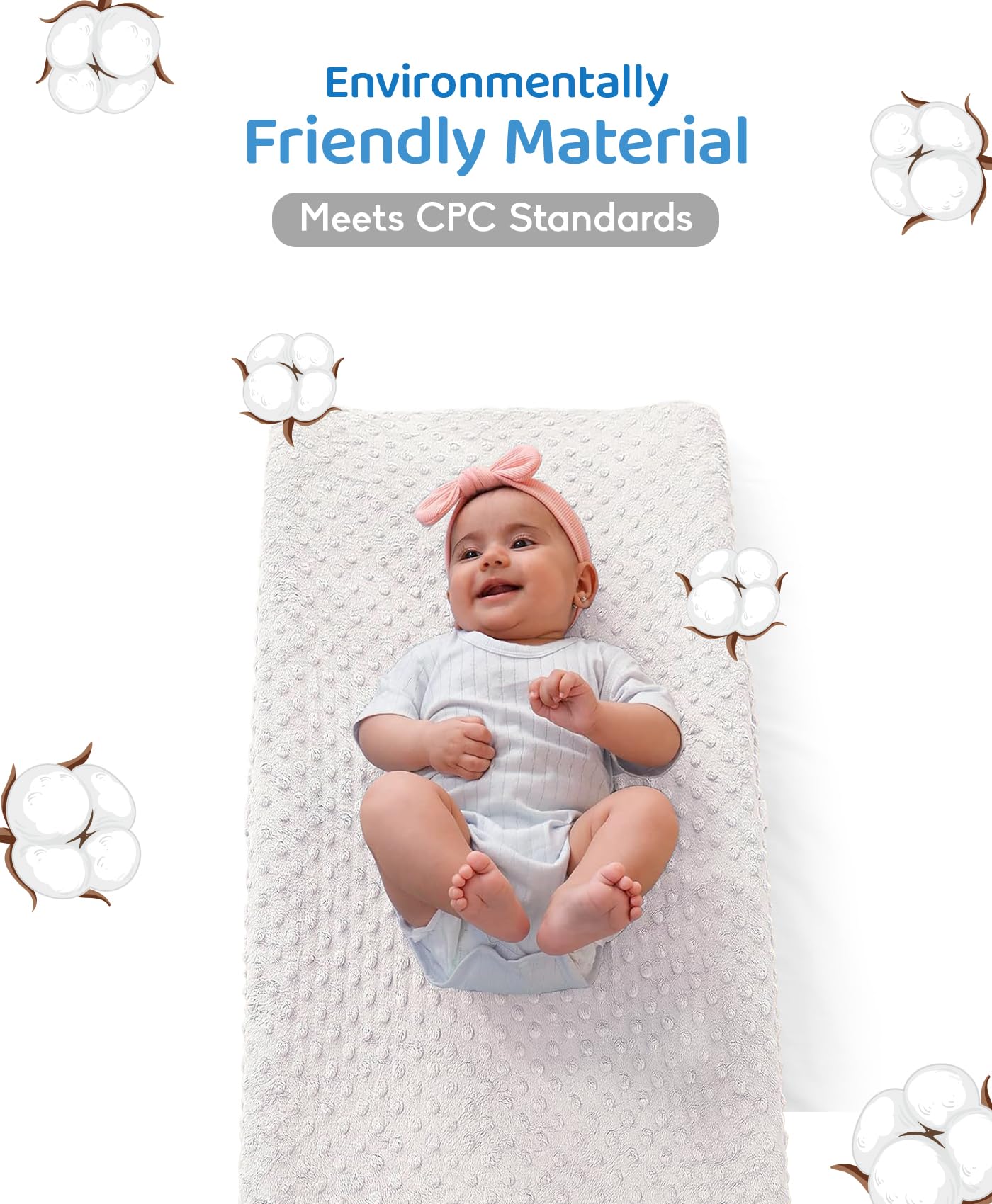 Loonah machine-washable cover on changing pad enables easy cleaning after messes.