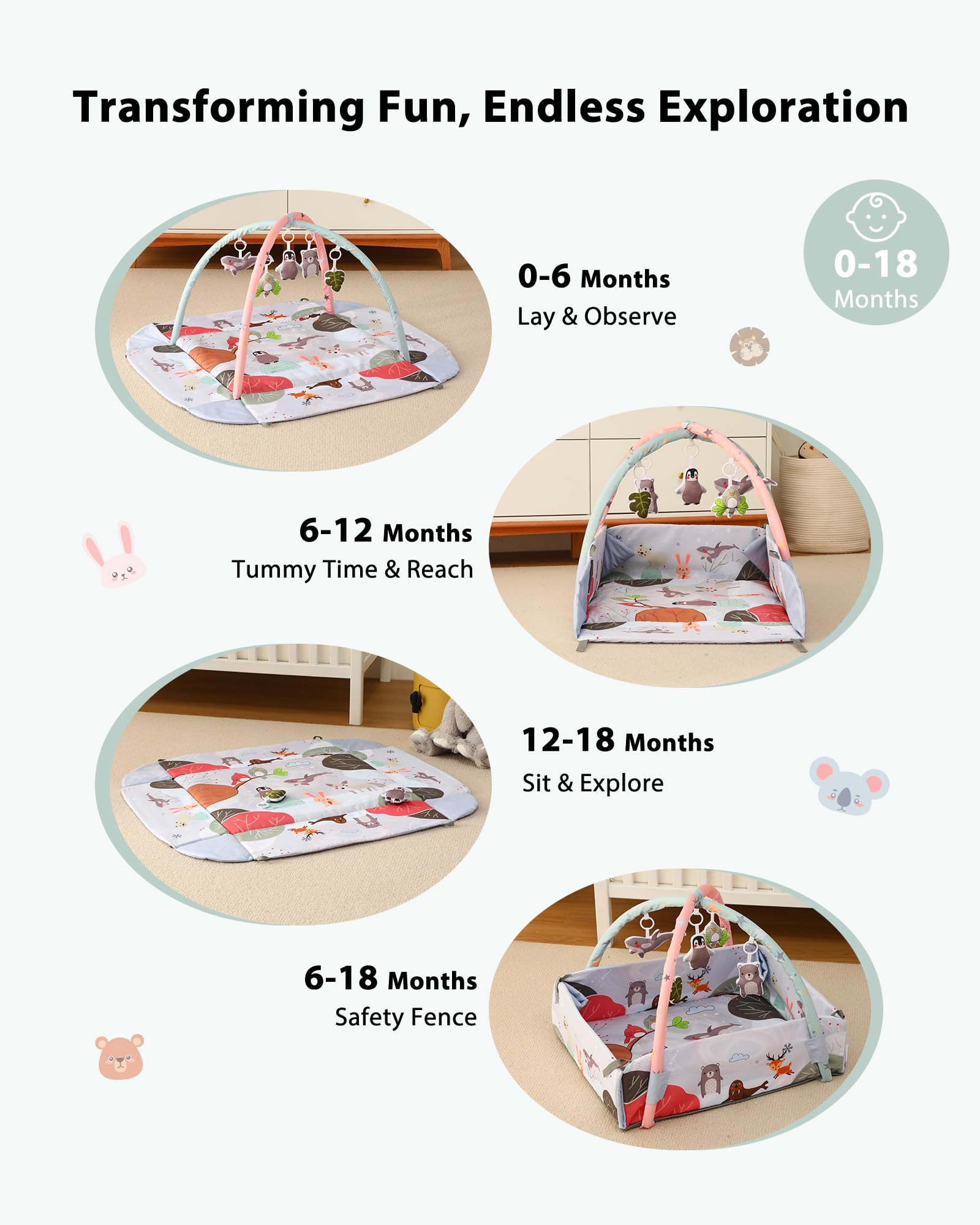 Looxii Baby Play Gym mirror and teether promote self-discovery and soothing relief.