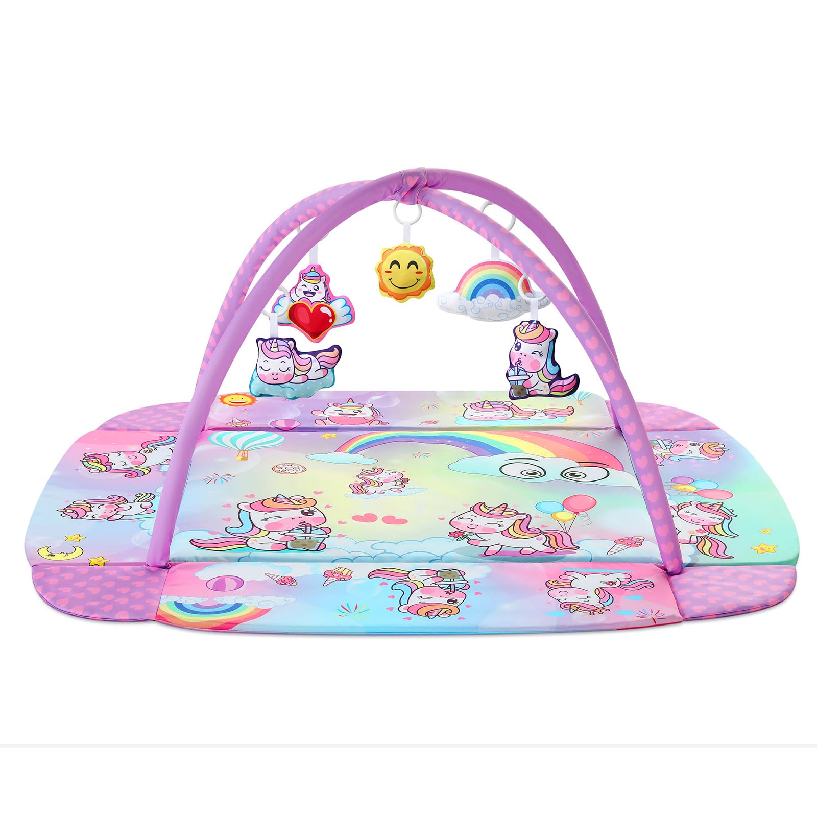 Looxii Baby Play Gym with pink unicorn setup for tummy time and visual engagement.