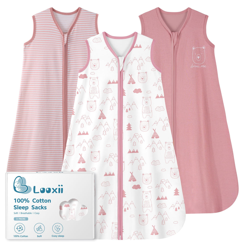 Looxii baby sleep sack front view shows breathable 100% cotton comfort for newborns