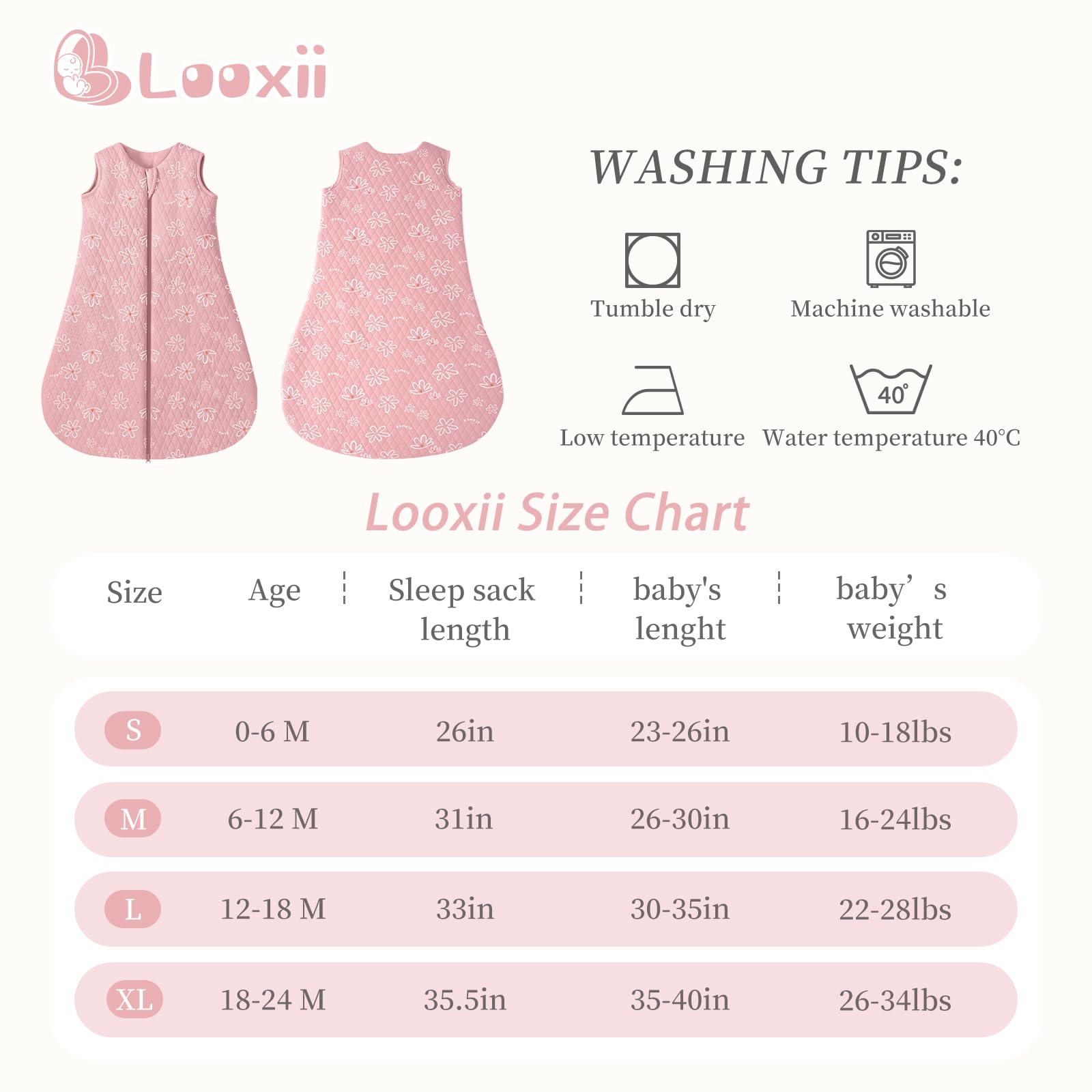 Looxii quilted 2.5 tog design provides even warmth.