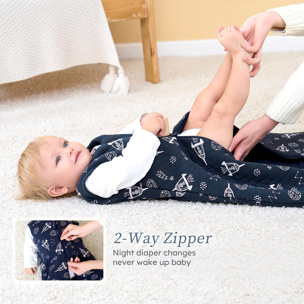 Looxii baby wearable sleep sack side view shows freedom of arm and leg movement