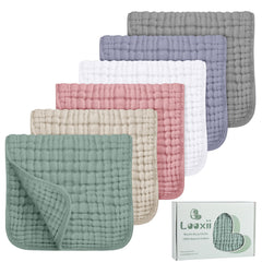 Looxii muslin burp cloths, six-pack in box, ready for easy care.