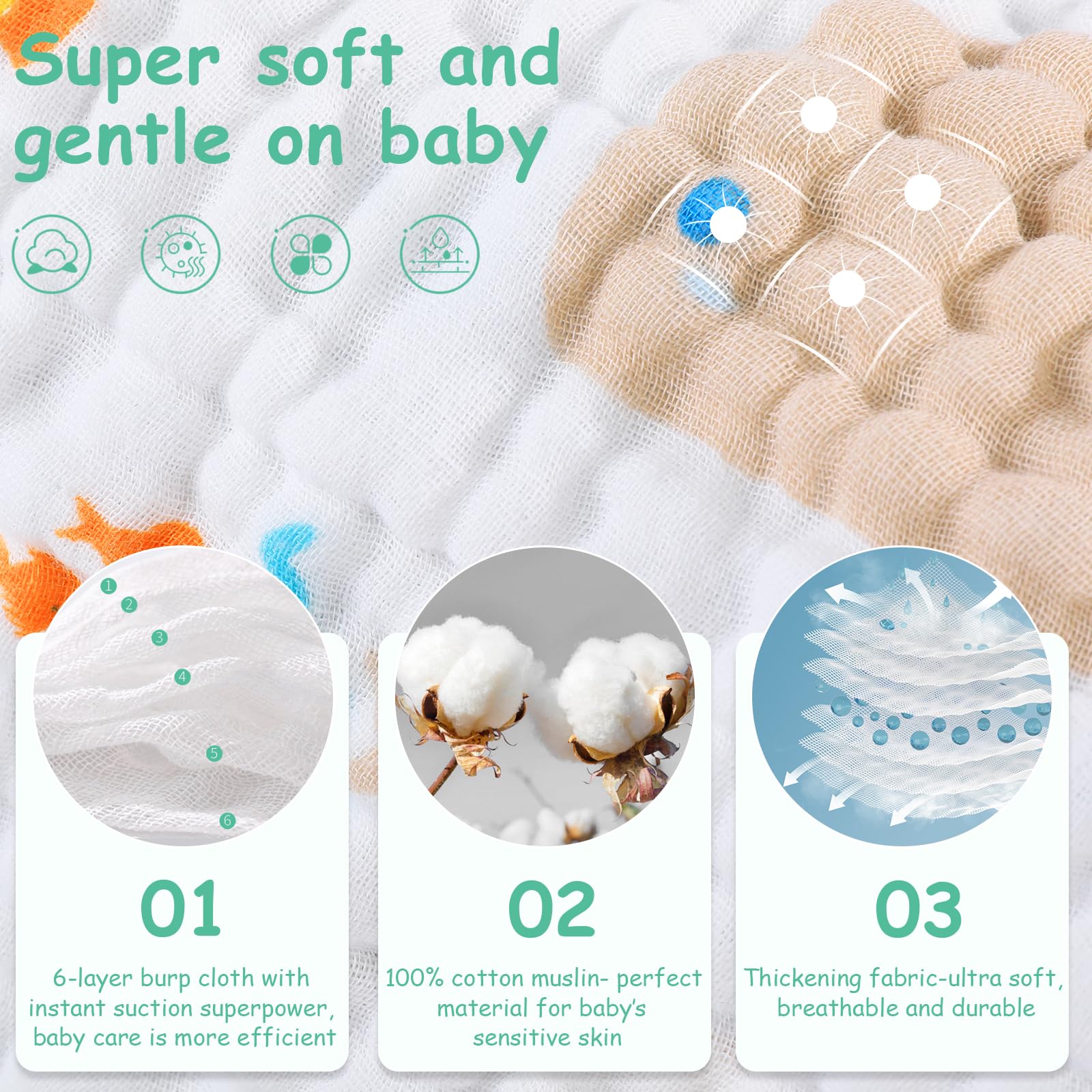 Looxii muslin burp cloths highlight high absorbency from six-layer design for quick mess management.
