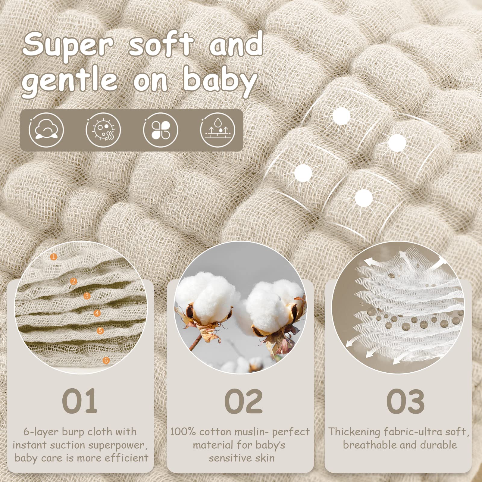 Looxii muslin fabric close-up, six-layer design, extra absorbent for spills.