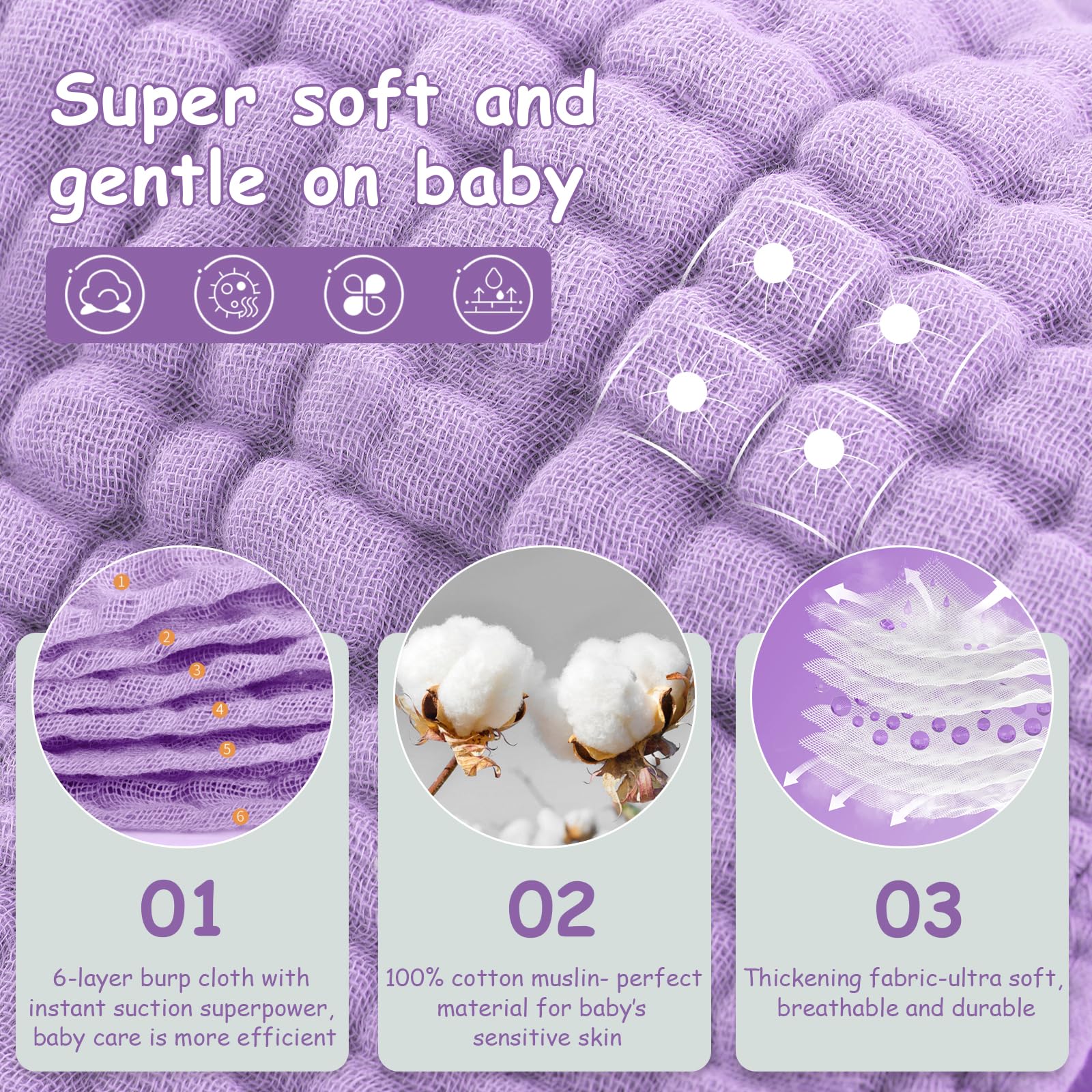 Looxii muslin burp cloths highlight six-layer design for absorbency.