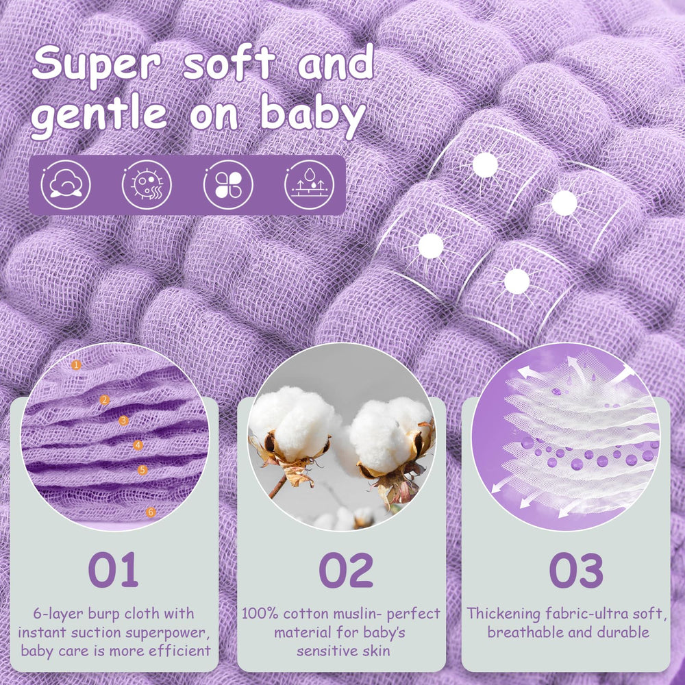 Looxii muslin burp cloths highlight six-layer design for absorbency.