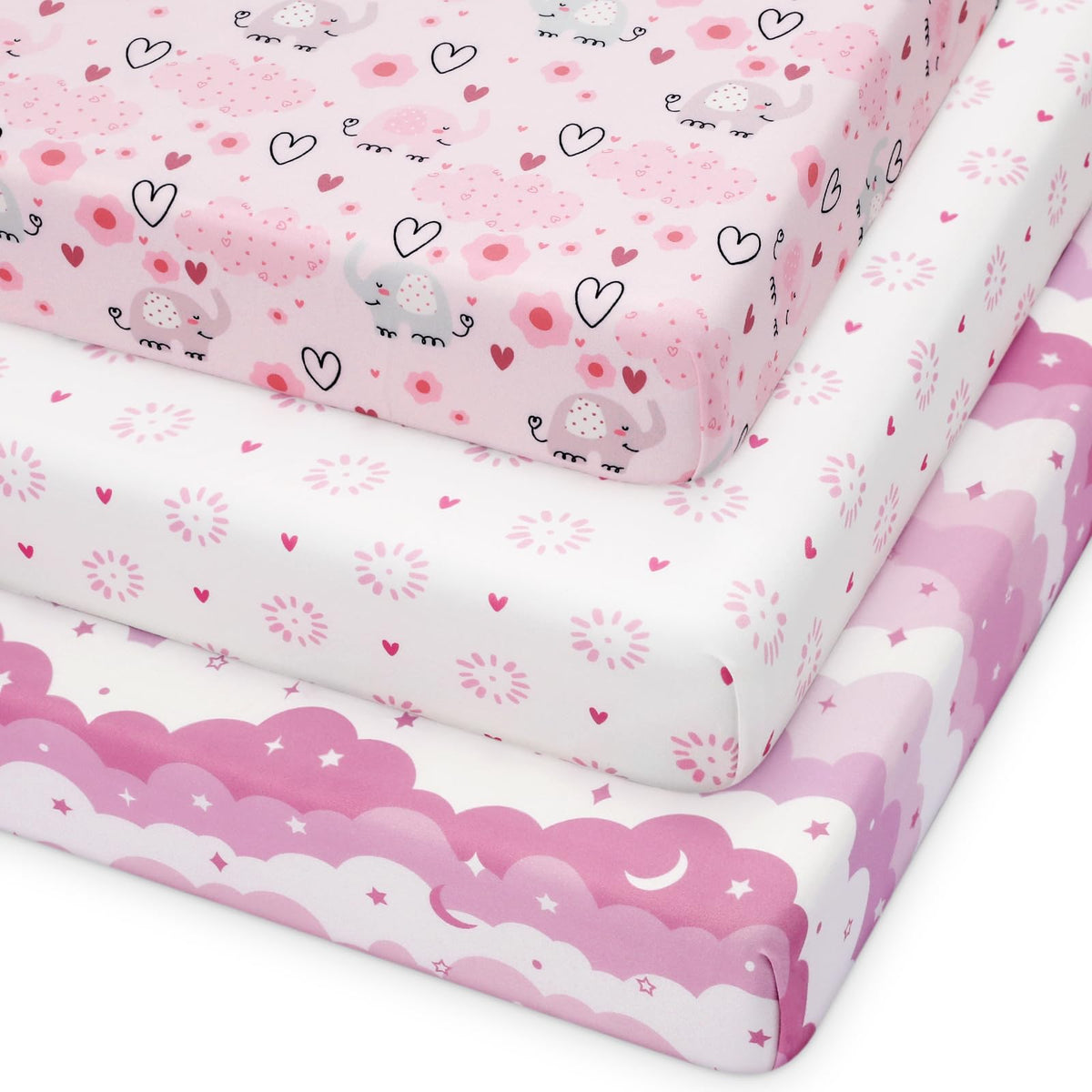 Looxii pack n play fitted sheet in pink cloud pattern for cozy baby sleep.