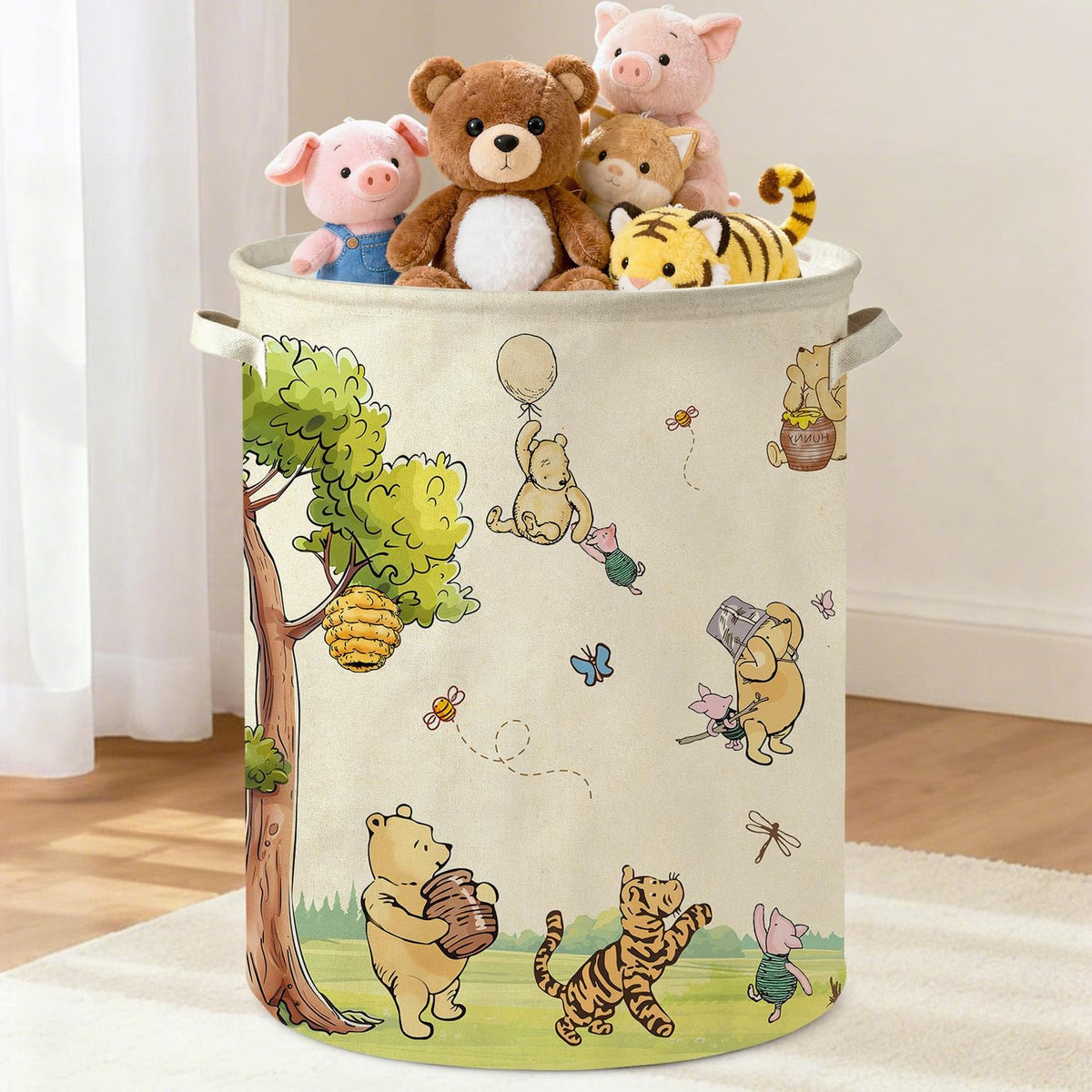 Lopeastar Oval Classic Winnie Bear laundry basket front view, durable wipe-clean canvas.
