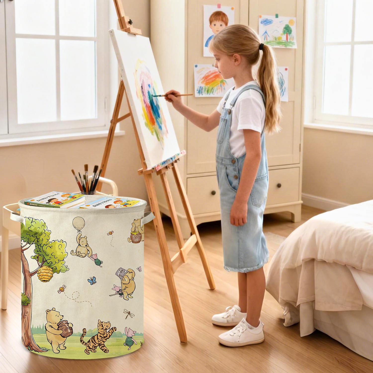 Lopeastar Winnie Bear basket in use for clothes and blankets.