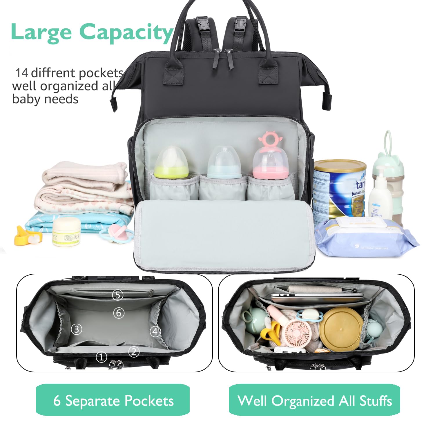 LORADI bag with 14 pockets keeps diapers, bottles, and essentials organized on the go