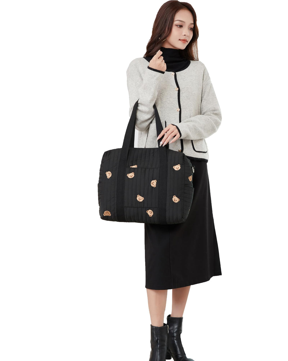LORADI diaper bag tote showing stroller clips for hands-free travel