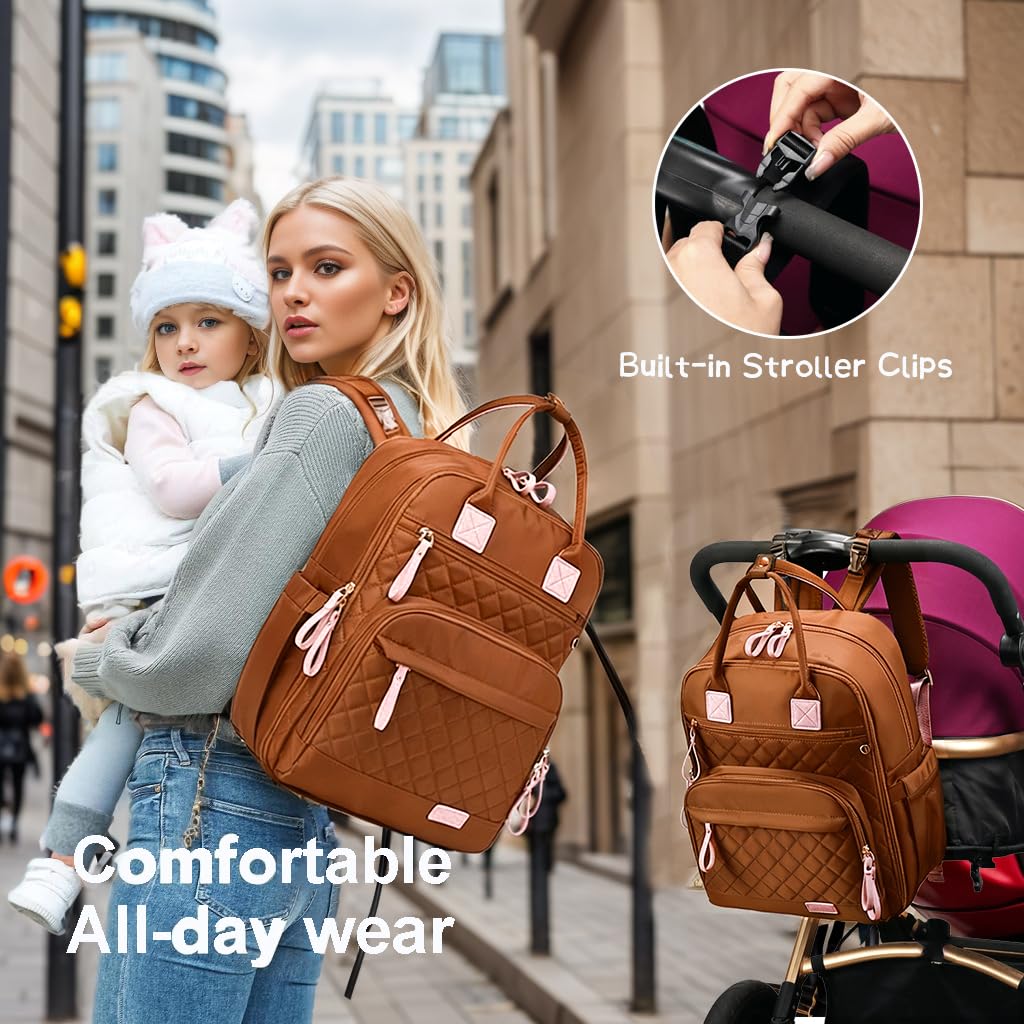 LORADI large-capacity backpack fits a laptop and baby essentials on travel.