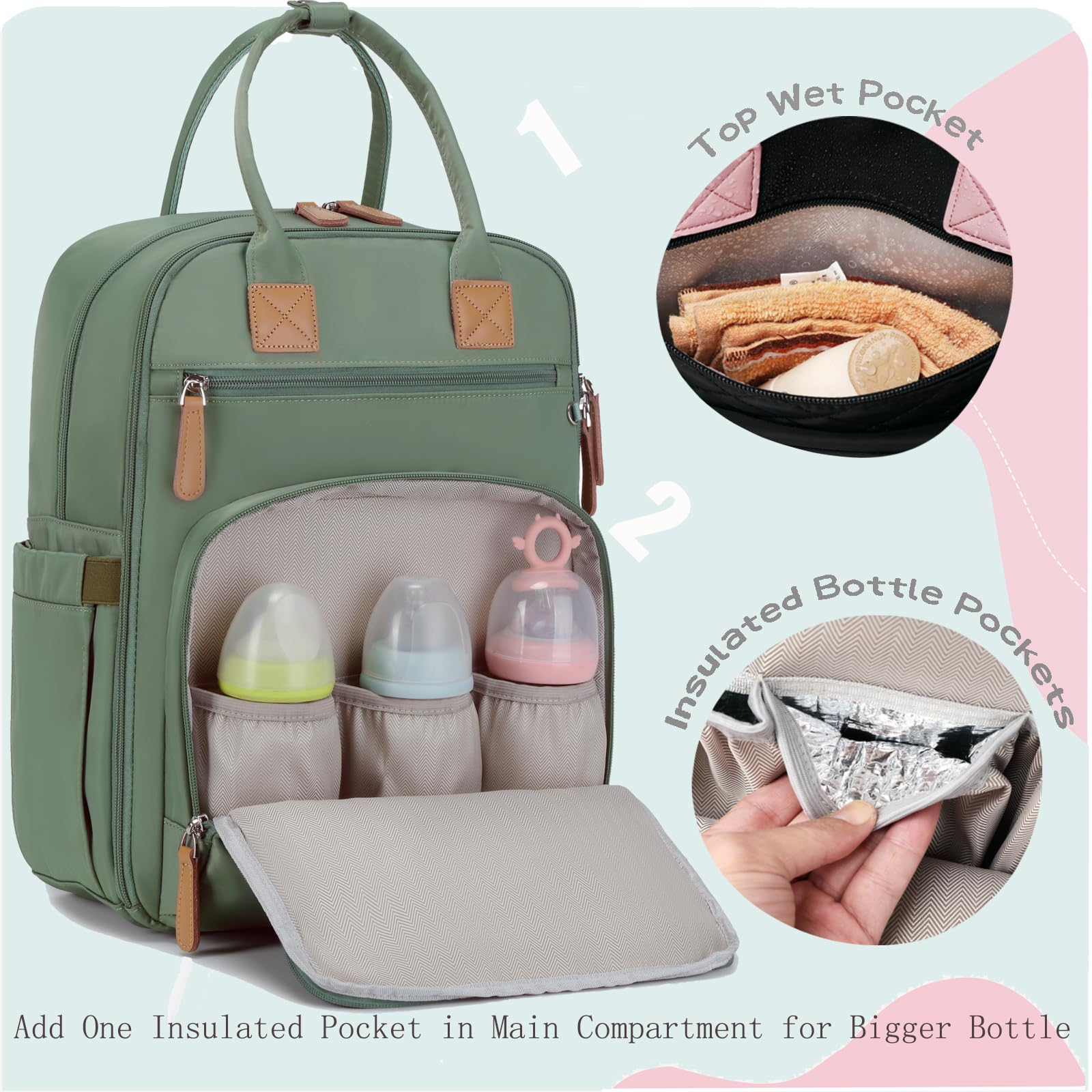 LORADI diaper bag with waterproof pockets for bottles and snacks during outings.