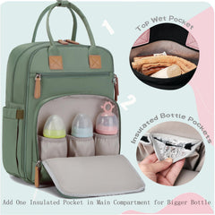 LORADI diaper bag with waterproof pockets for bottles and snacks during outings.