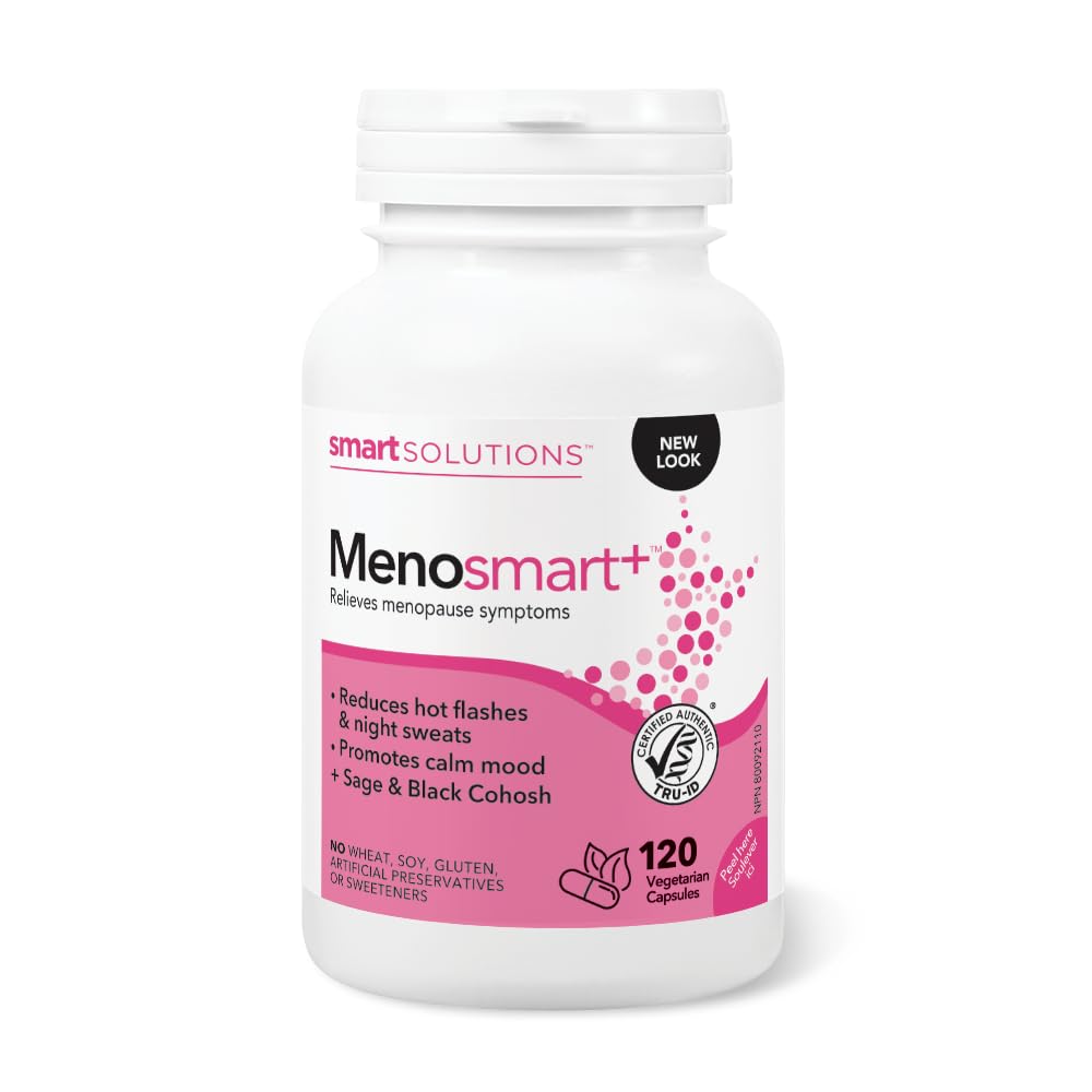 Lorna Vanderhaeghe Menosmart Plus bottle shown for hot flash relief support.