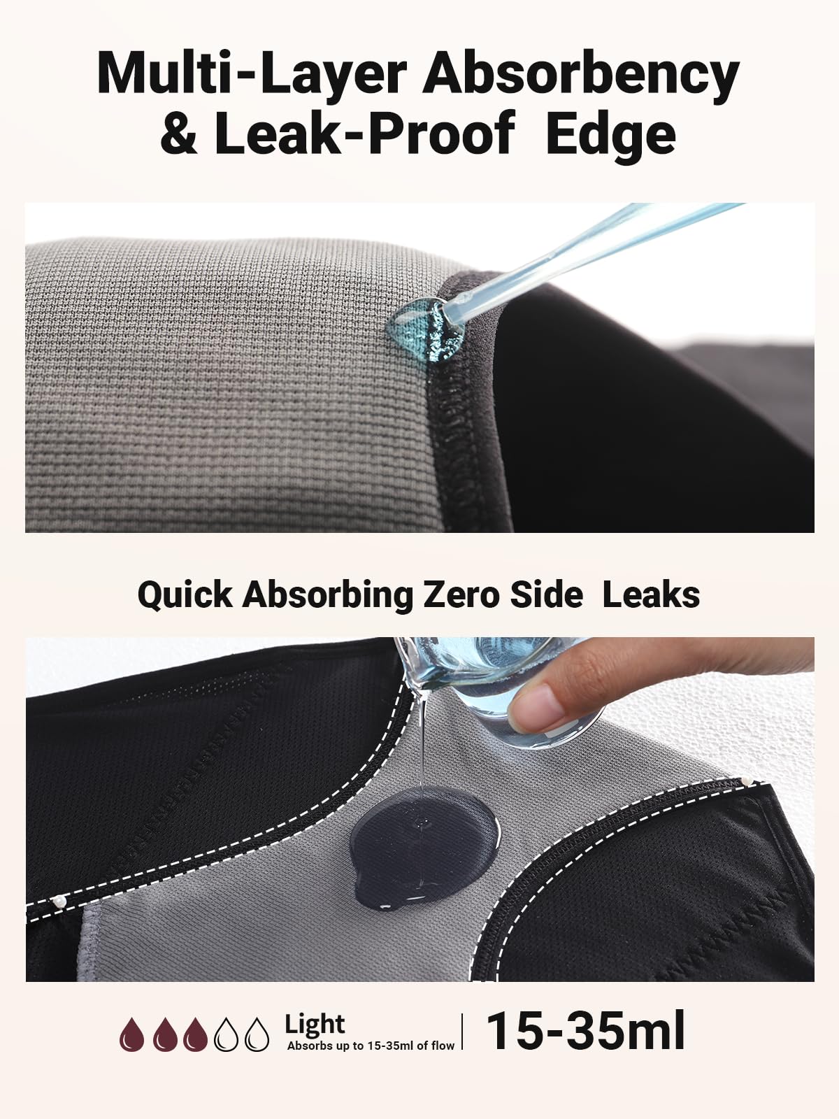 Loswie leak-proof crotch edge prevents sideways leaks for confident wear.