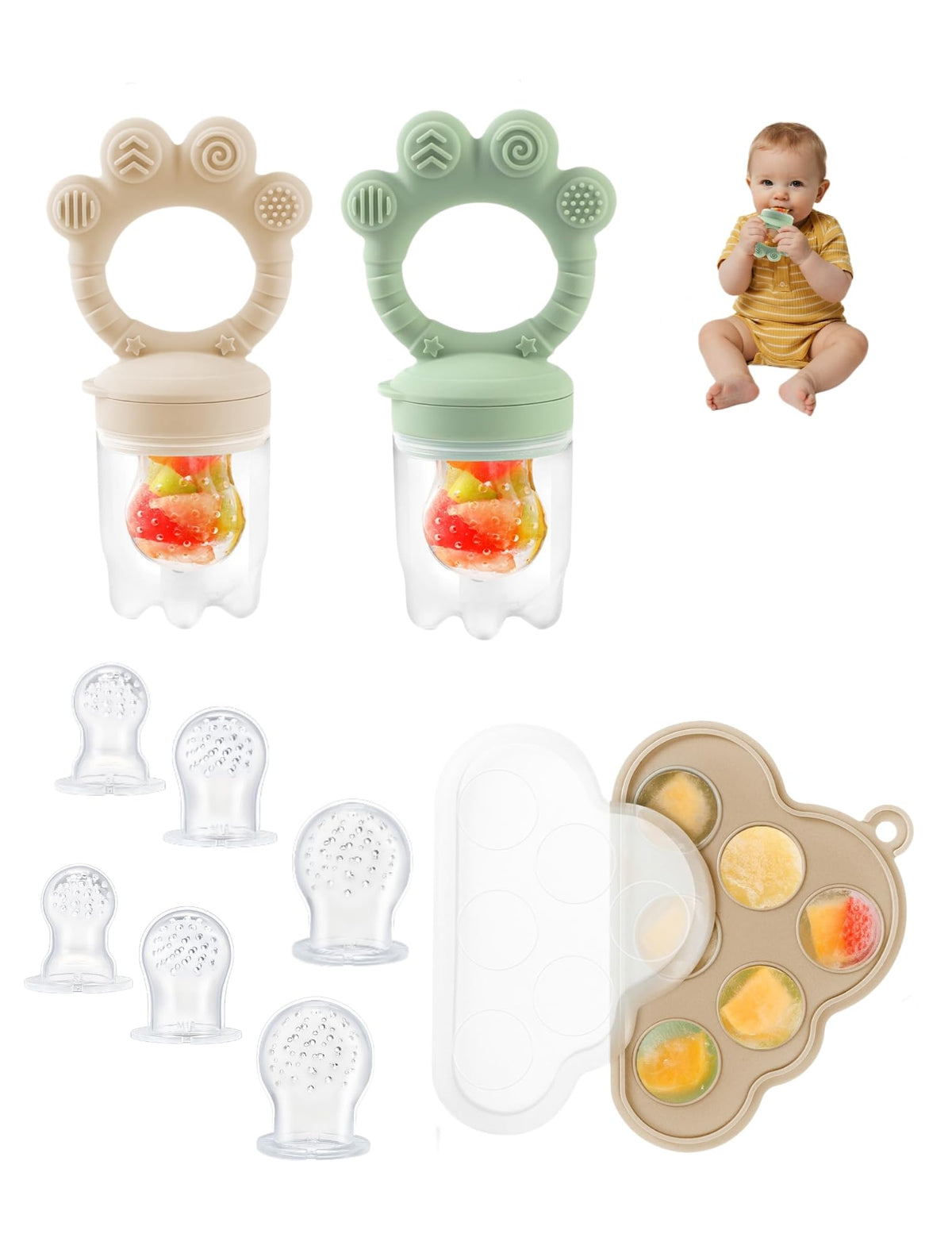 LOTBILL baby popsicle molds in green and beige for soothing gums.