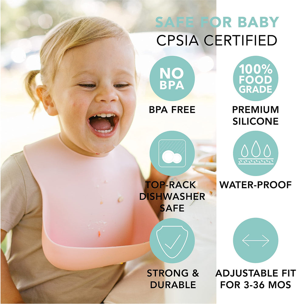 Deep-pocket pink quartz bib catching crumbs and spills.