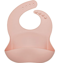 Loulou Lollipop pink quartz bib front view with waterproof surface and deep pocket.