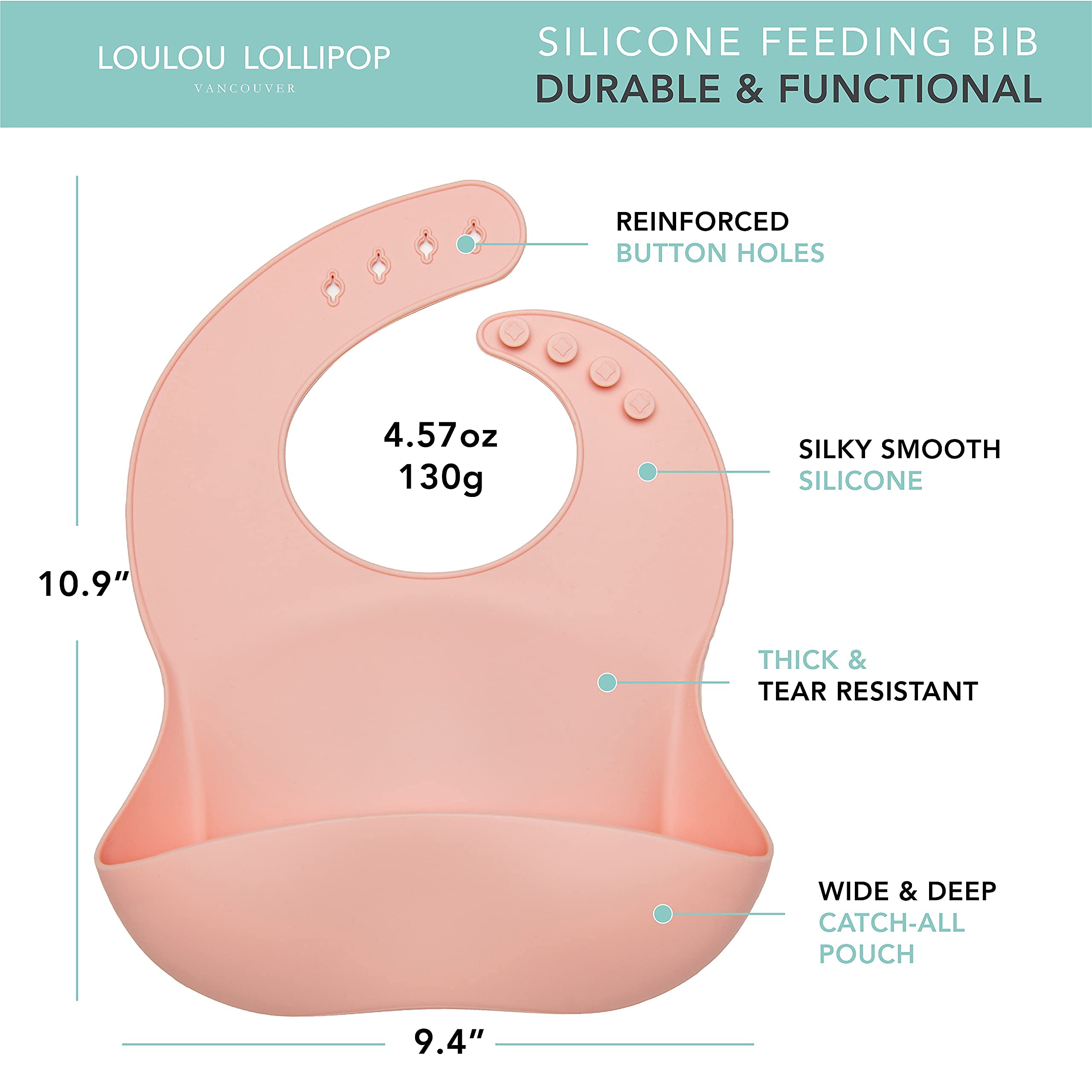 Compact travel-ready pink quartz bib rolled for on-the-go use.
